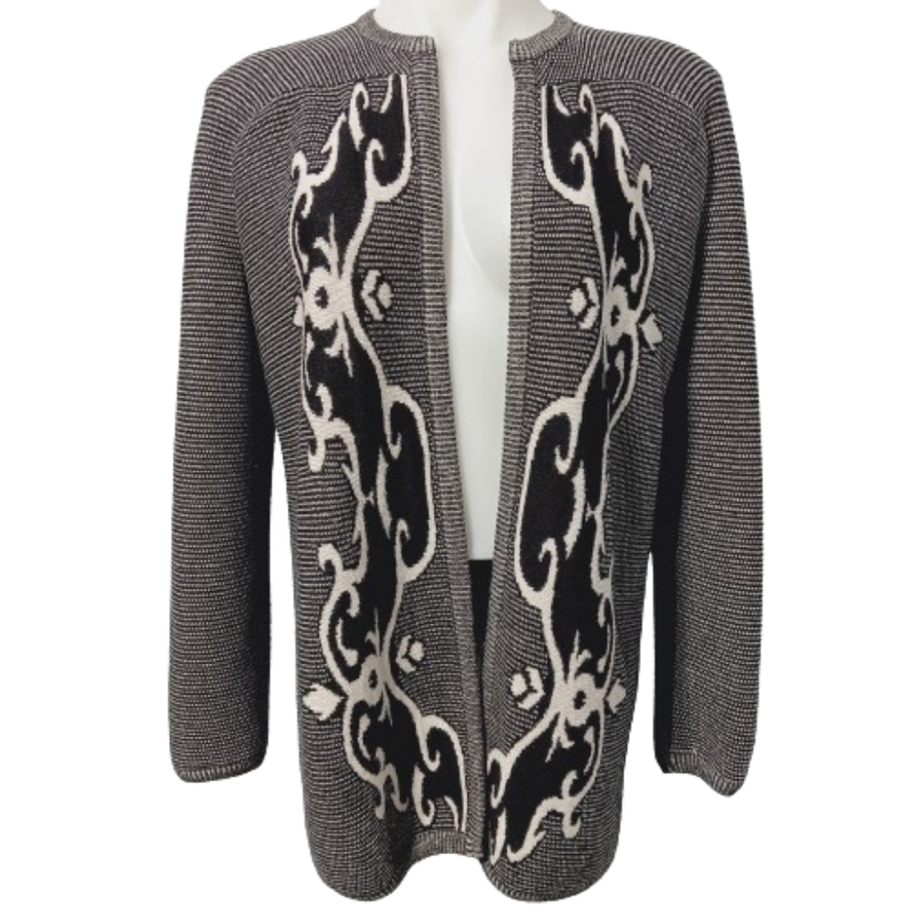 Valentino Wool Cardigan Womens Size 38 Open Front Sweater Fleur Di Lis Abstract